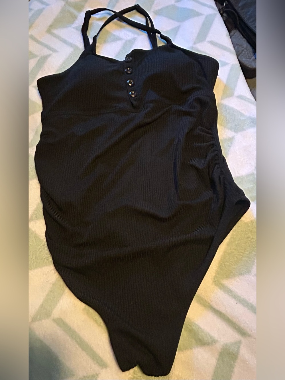 Summer Mae Black Ribbed One-Piece Swimsuit with Button Front Size M